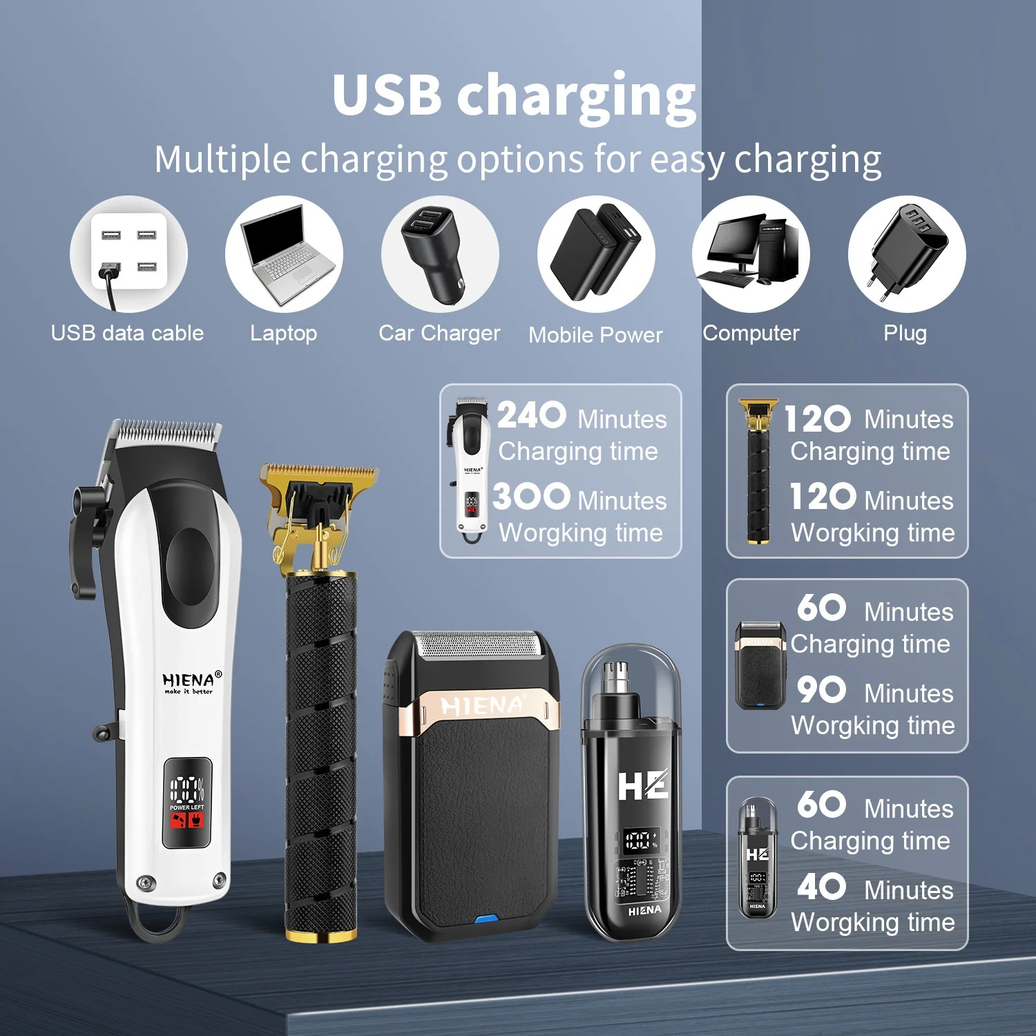 HIENA قص الشعر عدة قابلة للشحن اللاسلكي الشعر أداة تهذيب اللحية المهنية LED عرض آلة قطع الشعر 2025 هدية الكريسماس