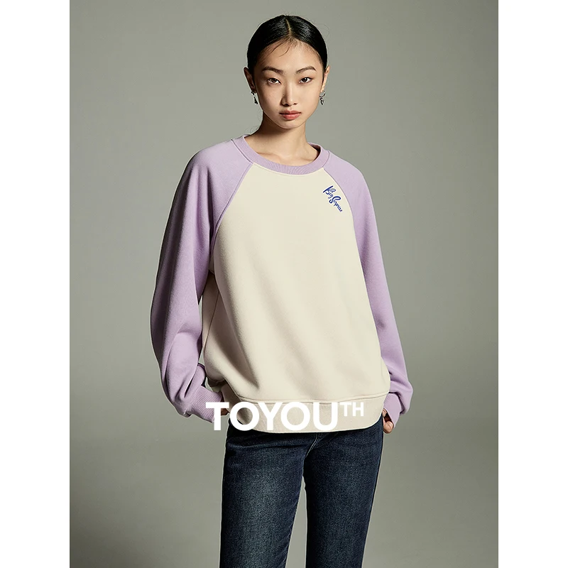 Toyouth Women Sweatshirt 2023 Winter Contrast Raglan Sleeve Round Neck Loose Hoodies Letter Print Casual Basic Simple Pullover