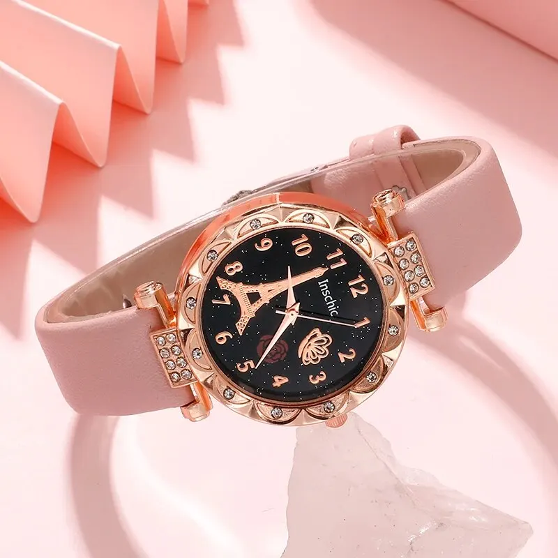 Fashion Women Watches Round Flower Watch Exquisite PU Leather Strap Quartz Wrist Watch Simple Casual Dress Bracelet Clock Gift