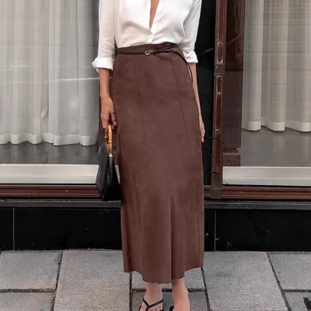 

Весенне-осенняя замшевая модная коричневая полуюбка в стиле ретро с каймой и высокой талией, универсальная повседневная офисная женская длинная юбка трапециевидной формы