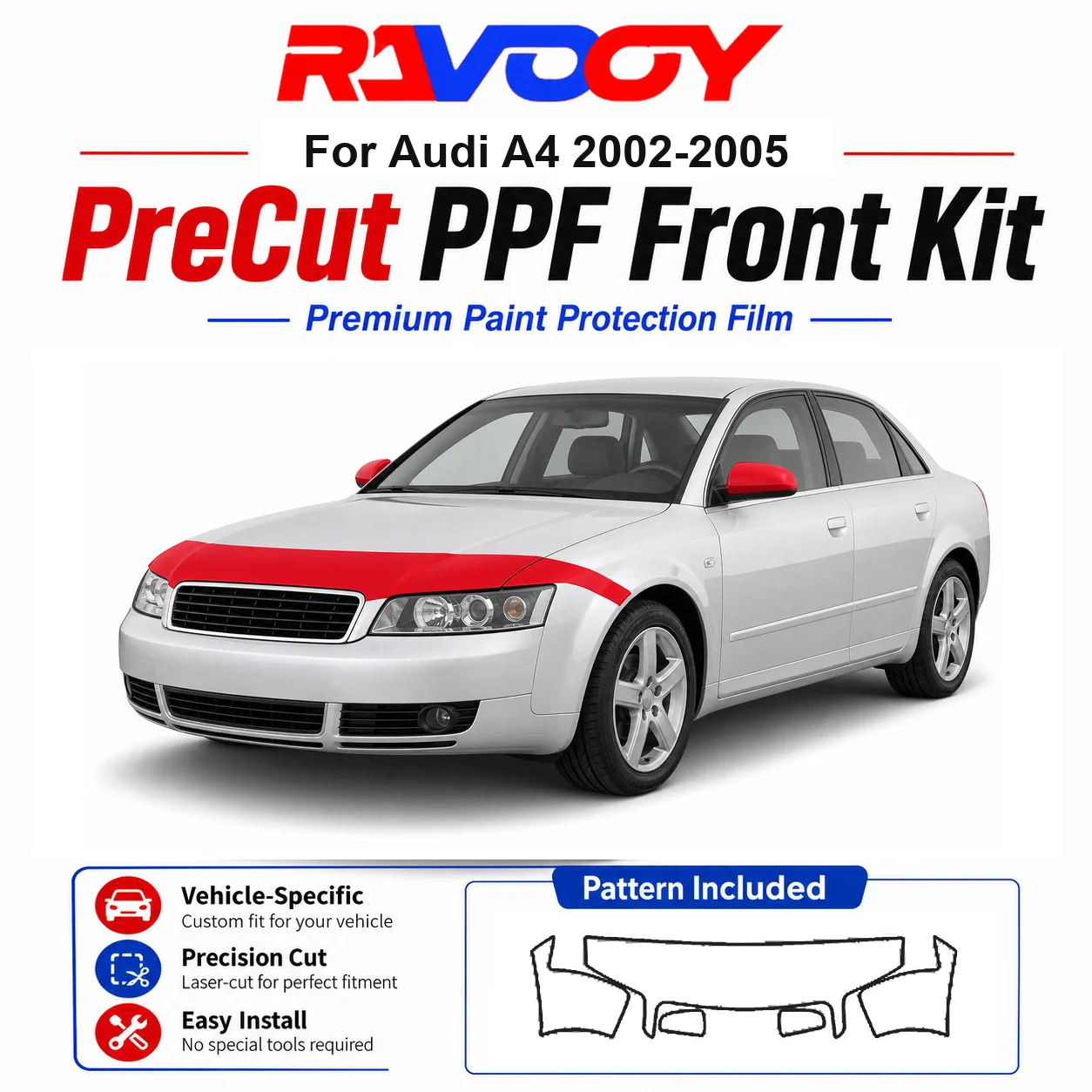 

8.5mil TPU Precut PPF Kit For Audi A4 2002-2005 - Hood, Partial Fenders & Full Mirror Set - Self-Healing Gloss Clear Bra Film