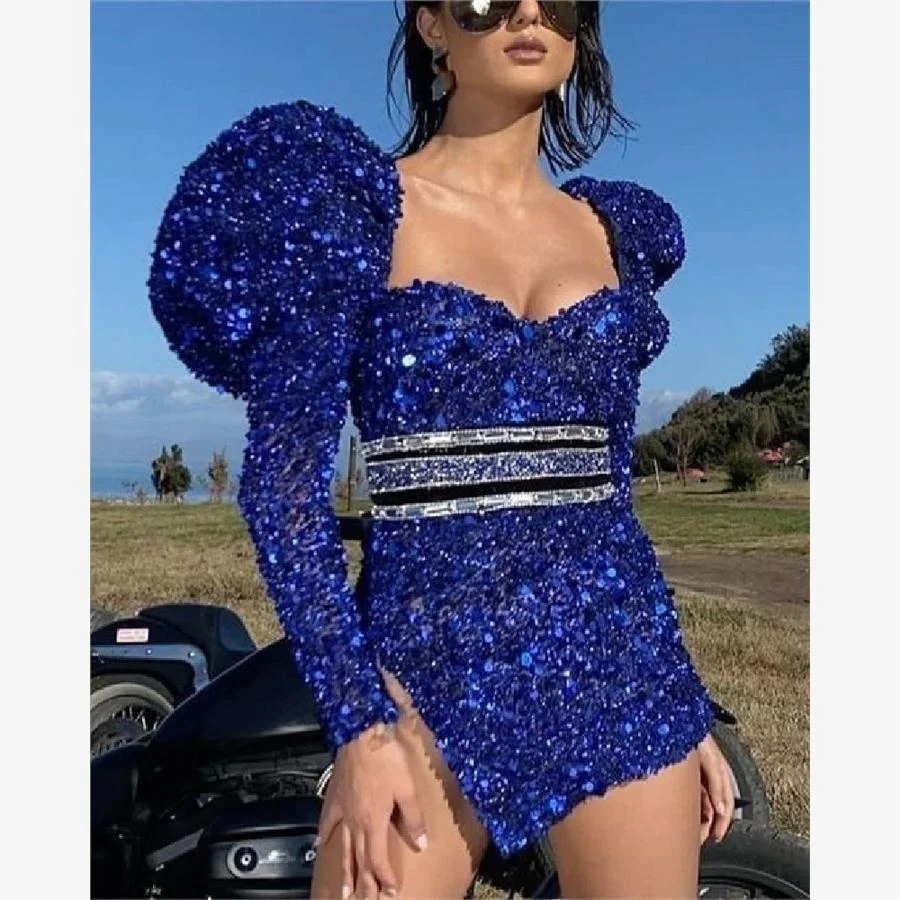 Sexy Fashionable Long Sleeve Sparkling Evening Dress Midi Skirt Women's Party Dress Bubble Sleeve Short Dress Pure Color