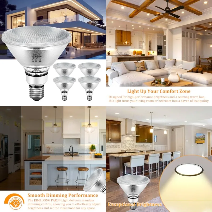 

PAR38 Halogen Flood Light Bulbs Dimmable, 4 Pack, 90 Watt 120V, 2800K Warm White for Indoor and Outdoor Floodlight Bulb, E26 Ba