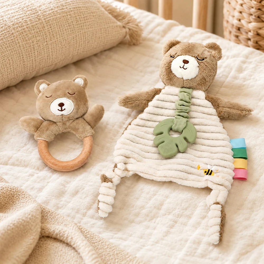 2 Piece Baby Comfort Set with Plush Bear Lovey and Wooden Ring Rattle Silicone Teether Sensory Tags for Teething Newborn Toys