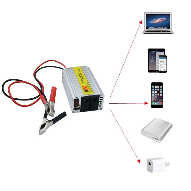 Портативный инвертор 200 Вт, уличный инвертор, солнечный инвертор, USB DC 12 В в AC 220 В, преобразователь USB, зажим для аккумулятора, универсальная розетка