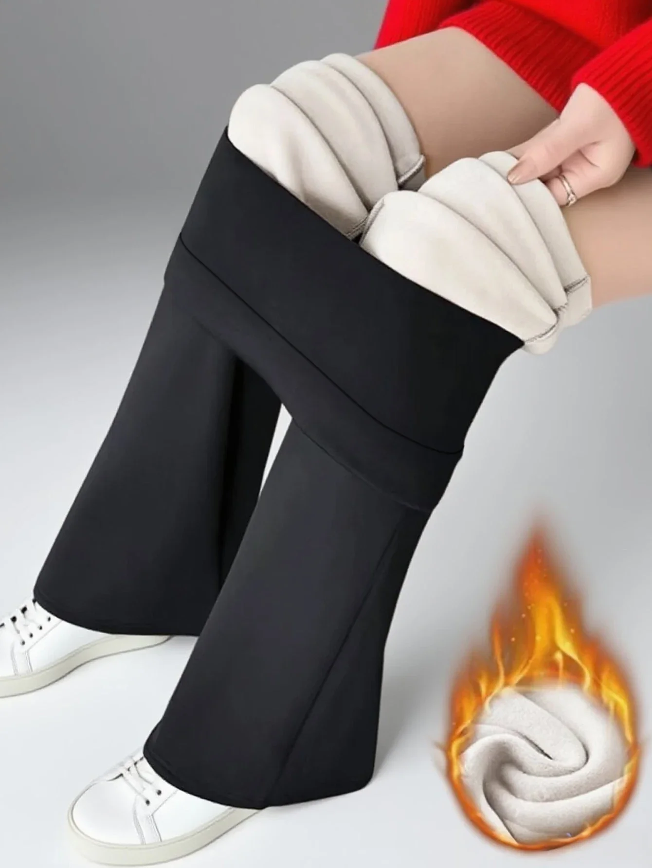 زوج واحد من السراويل النسائية ذات الجرس المبطنة بالصوف الأسود - سراويل شتوية سميكة مع بطانة قطيفة، سراويل ضيقة دافئة مع بطانة قطيفة