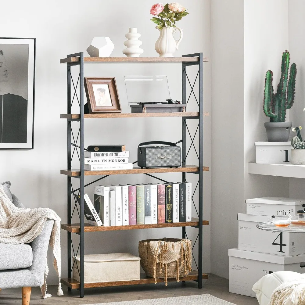 Five level industrial bookshelves, rustic open metal frame freestanding tall bookshelves