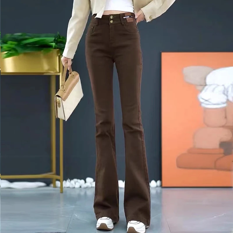 

Джинсы-колокольчики с высокой талией, женские коричневые джинсовые брюки с вырезом, утягивающие широкие брюки, хлопковые эластичные джинсы с копытами