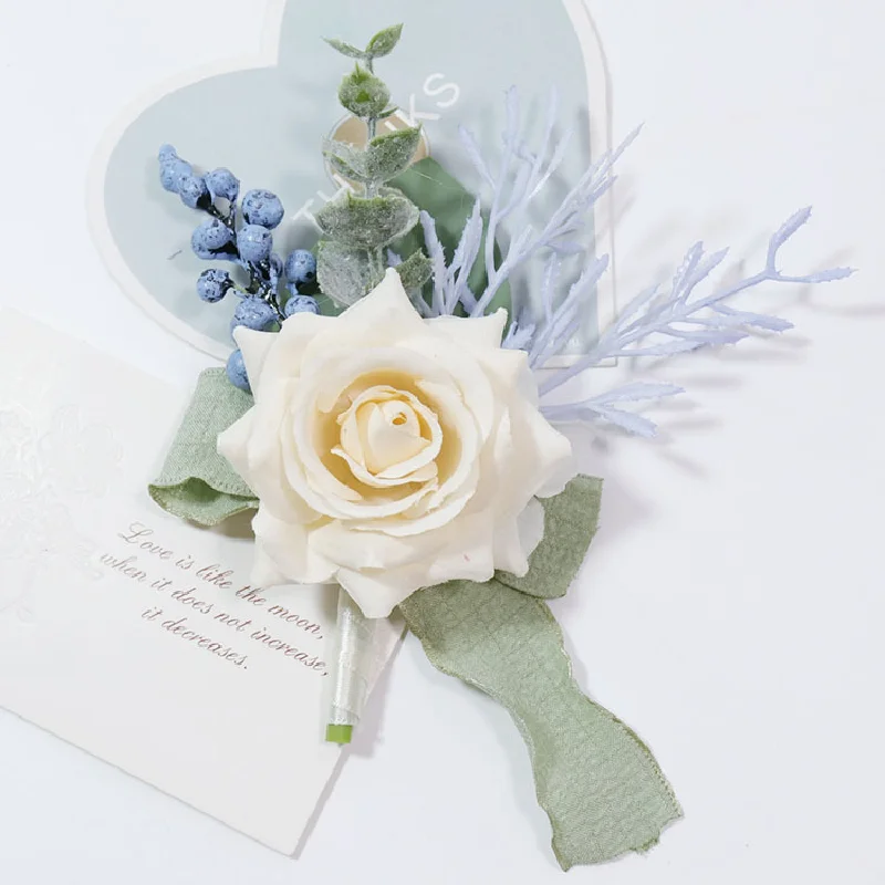 Boutonniere y ramillete de muñeca para boda, flor de simulación Floral, celebración de negocios, apertura de invitados, busto, flor de mano, blanco, Beige