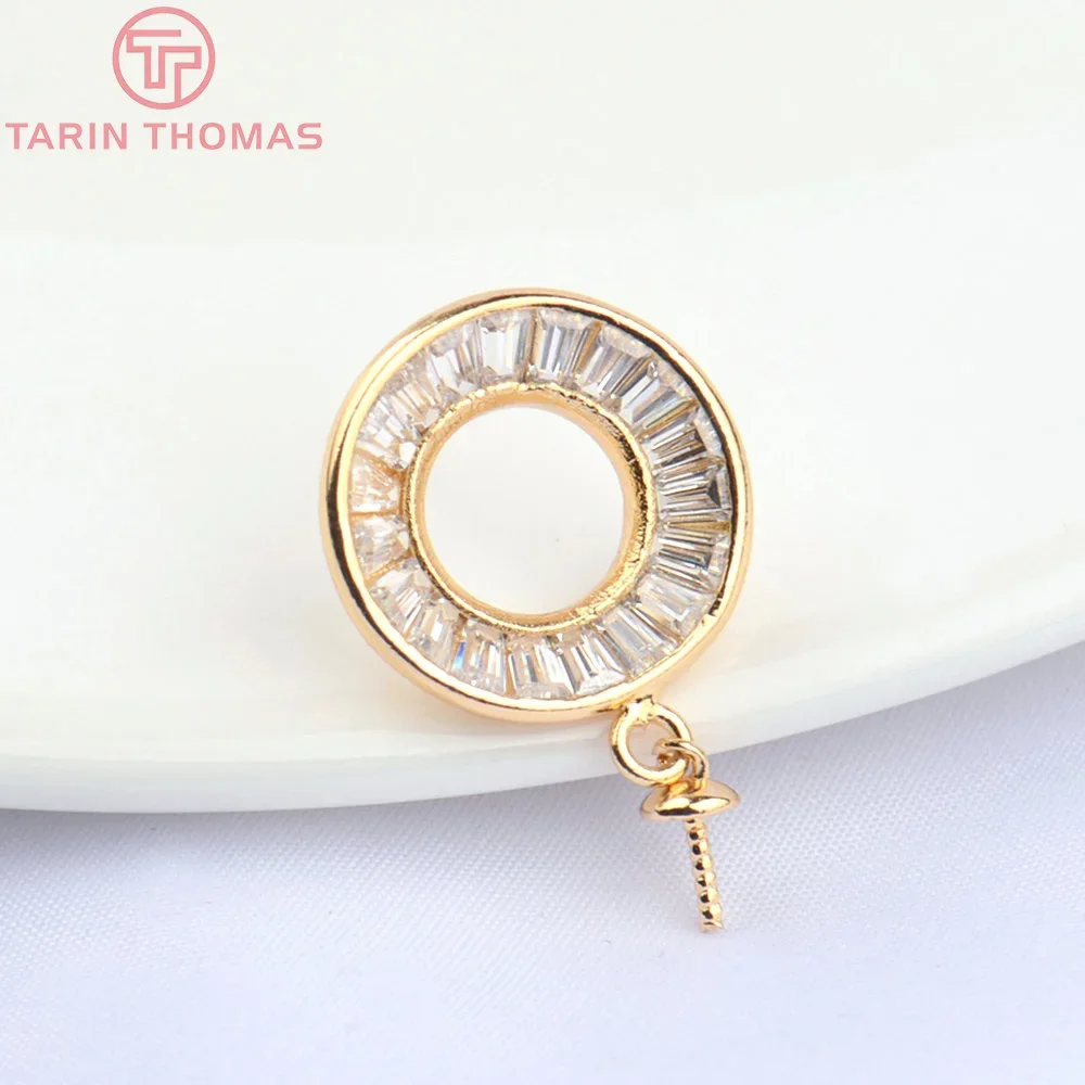 (4919) 2PCS 15MM 24K Gold Color Brass with Zircon Round Charms Stud Earrings High Quality DIY Jewelry Making Findings Wholesale