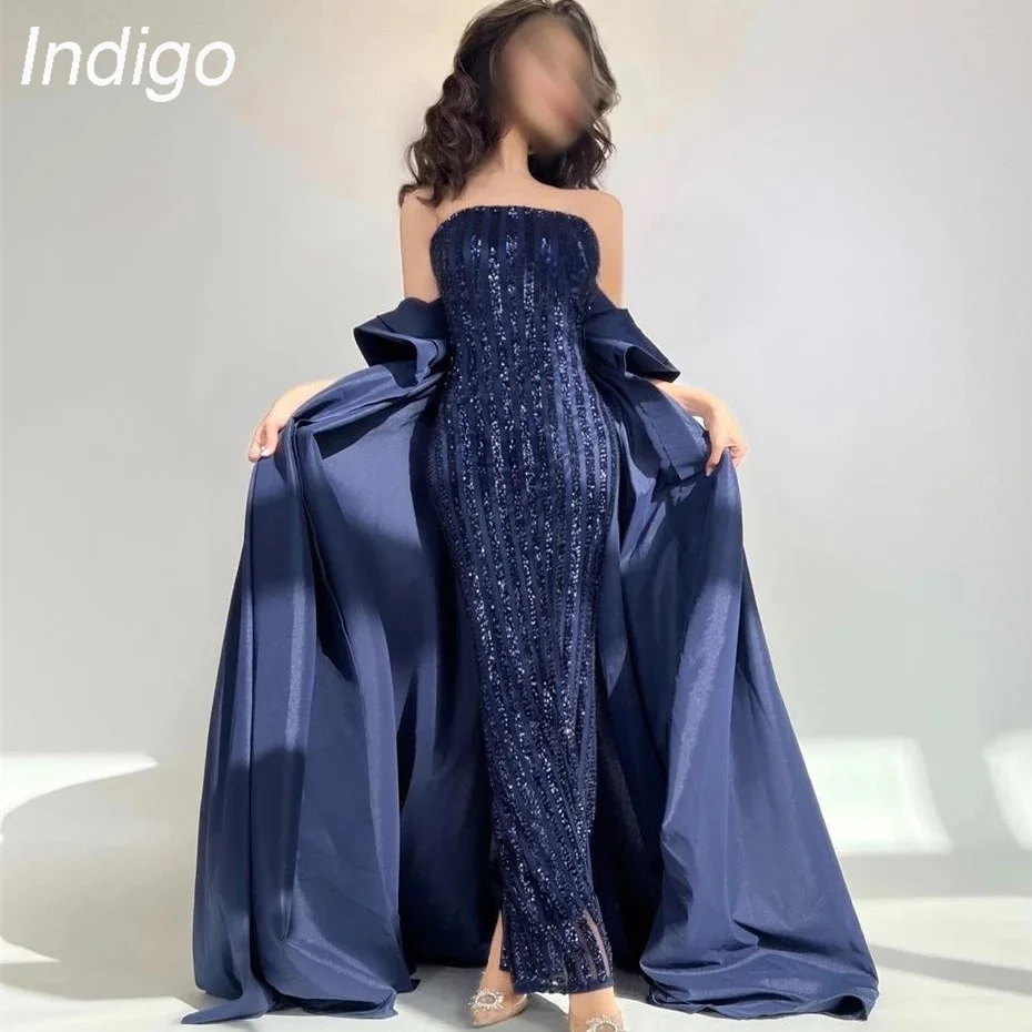 Gaun Prom Indigo Tulle gaun pesta malam Formal elegan manik-manik tanpa tali untuk wanita 2024 Robe De Princesse Femme Soiree