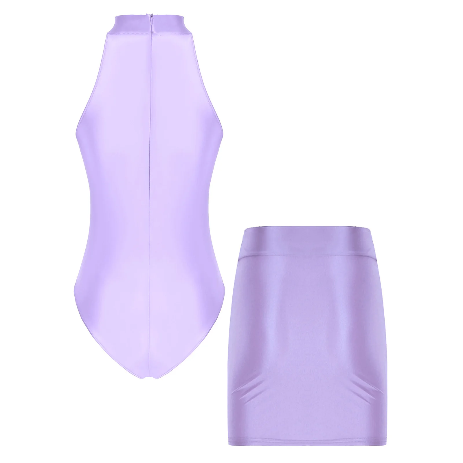 Women Glossy Outfits Swimwear Sleeveless Back Zipper Bodysuit Leotard with Elastic SkirtS for Club Dance Raves Party Nightwear