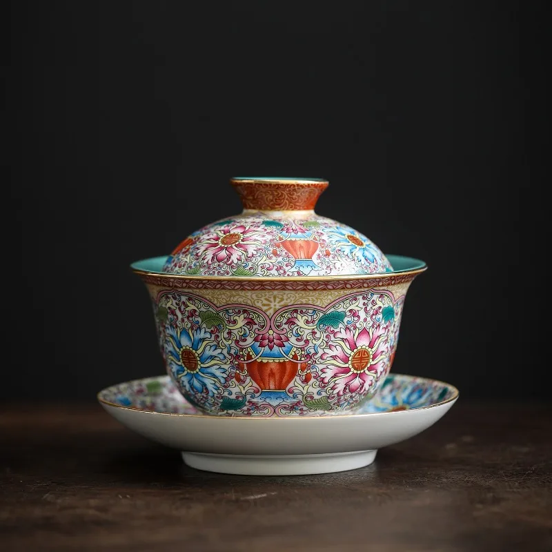 

High End Enamel Flower Wrapped Lotus Three Piece Lid Bowl Kung Fu Tea Set Ceramic Anti Scald with Lid Tea Bowl Chinese Porcelain