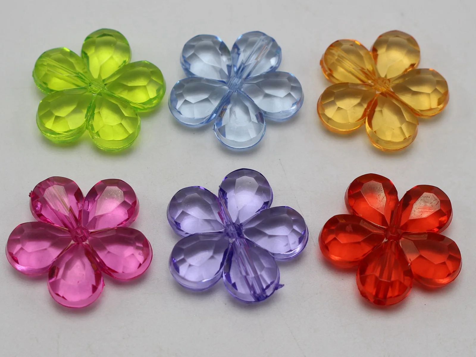 50 Mixed Colour Transparent Acrylic Faceted Flower Charm Beads 20mm