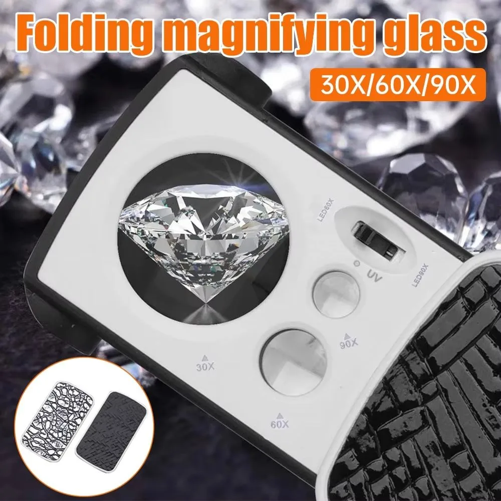 30X 60X 90X Mini Magnifying Glass LED UV Light Slide Out Handheld Jewelry Loupe Foldable Acrylic Optical Lens