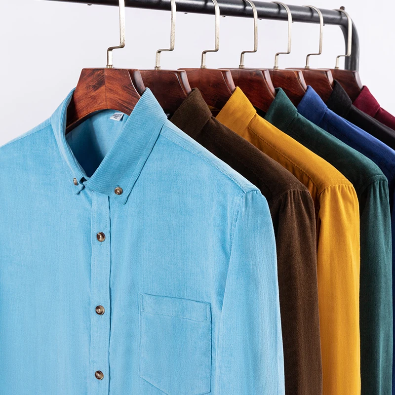 100% Cotton Plus Size 6XL Men\'s Corduroy Shirt Casual Long Sleeve Regular Fit Business Dress Shirt Men\'s Comfort Pocket