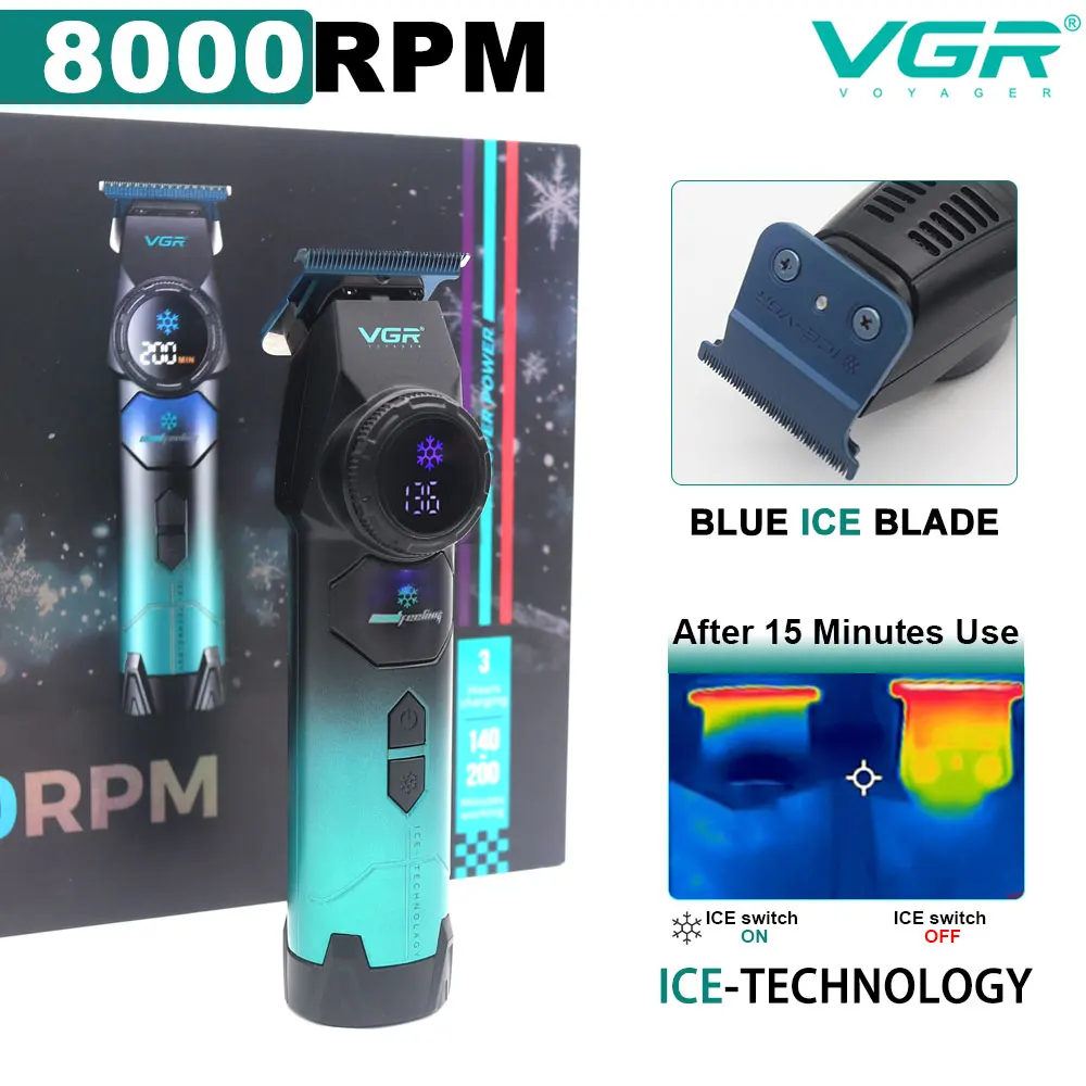 

VGR V-946 Ice Tech Парикмахерский триммер DLC T Blade Zero Gap 8000 об/мин Бесщеточная металлическая синяя керамическая машинка для стрижки волос Парикмахерская