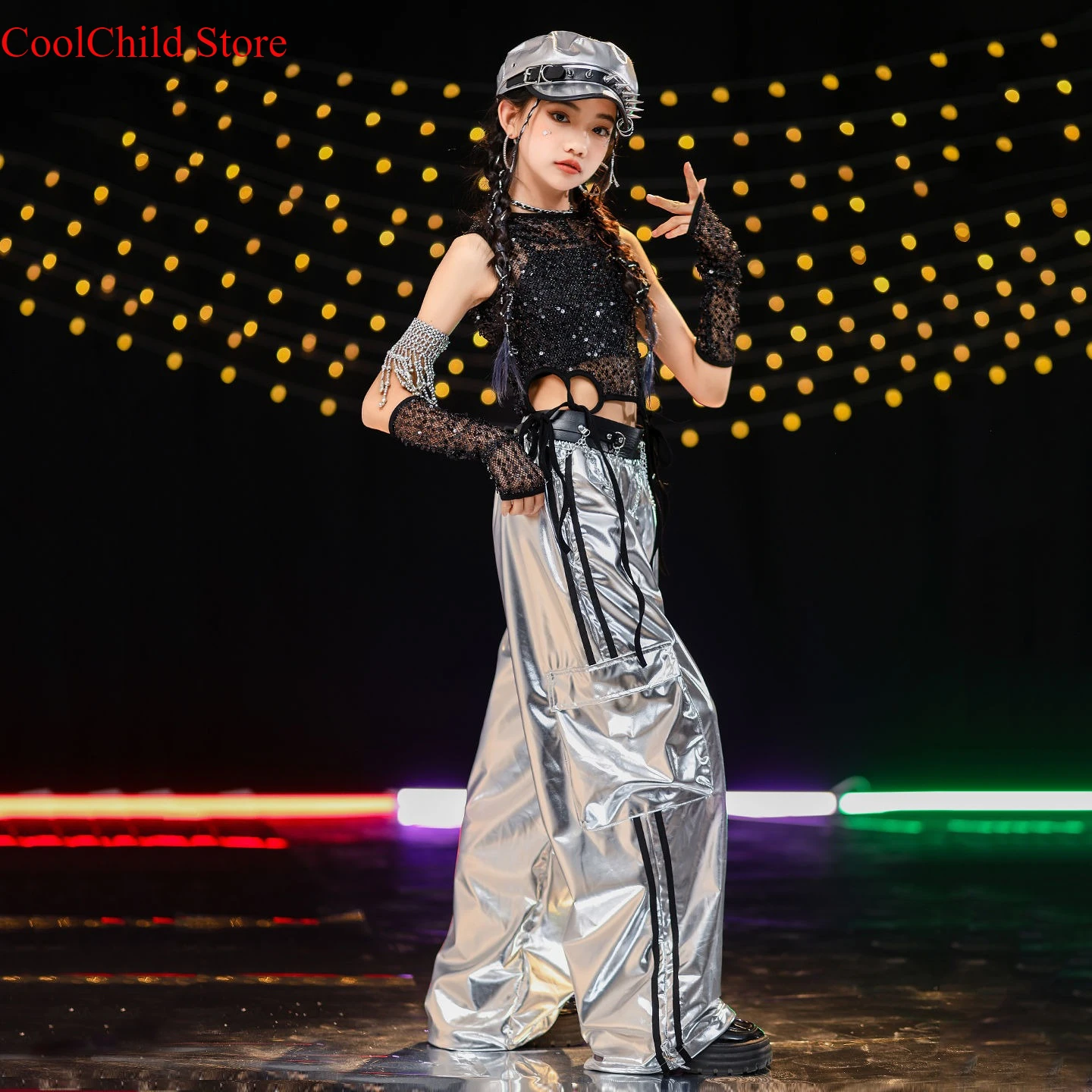 الفتيات الهيب هوب الترتر لامعة المحاصيل هوديس السراويل البضائع الفضية الاطفال K-pop الجاز الملابس مجموعات الأطفال فتاة مجموعة الشارع الشهير ازياء #2
