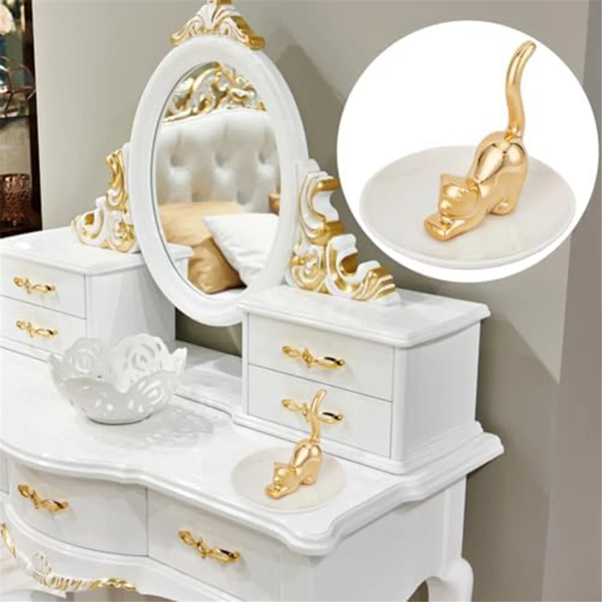 ABLK Cats Posture Ring Holder Golden Kitty Tail Dish Jewelry Tray Ring Round Dishes Trinket Tray Ceramic Jewelry Storage Home