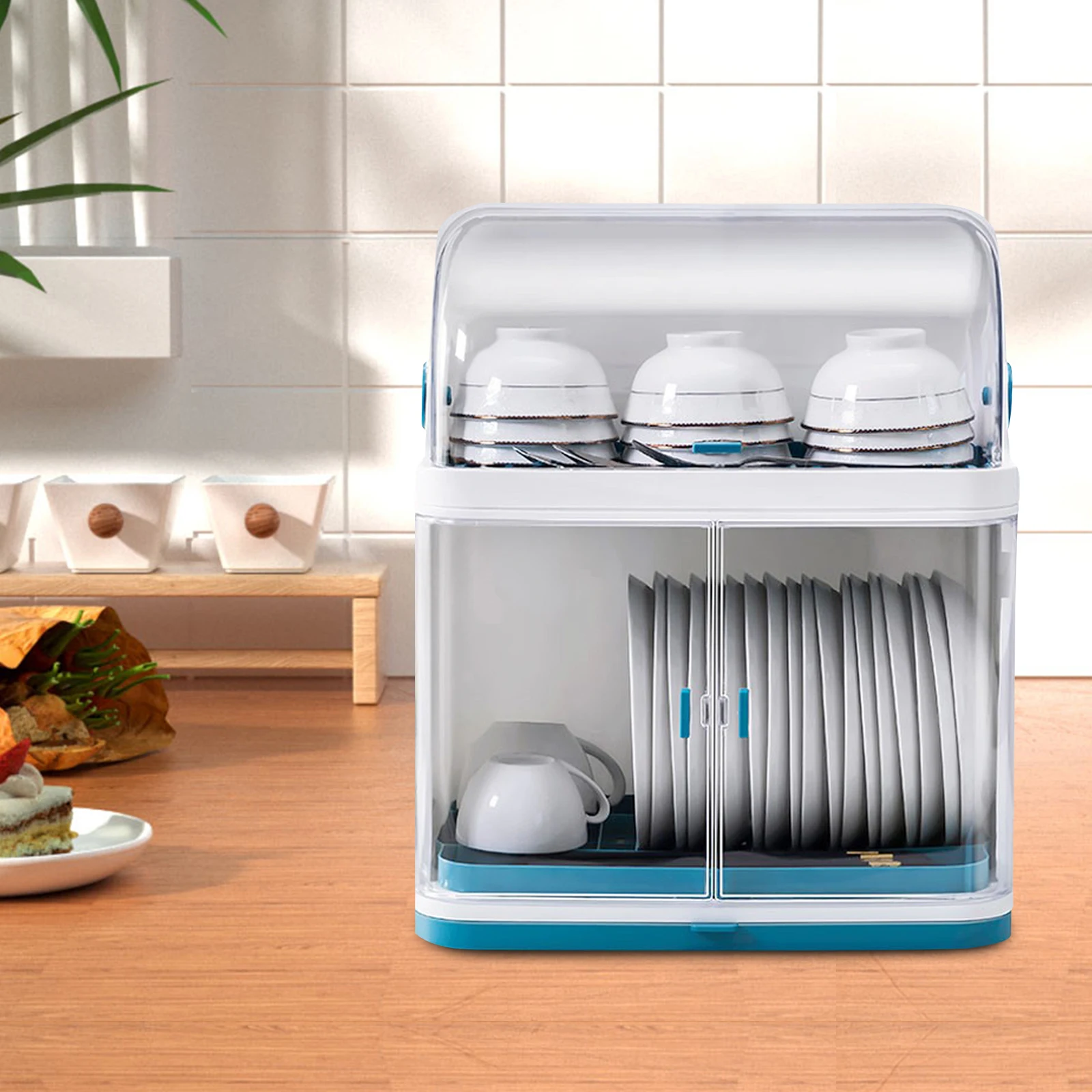 

Double Drain Shelf, Countertop Dish Drying Rack, Bowls Tableware Storage Draining Rack, for Kitchen, 38*25*45cm (White + Blue)