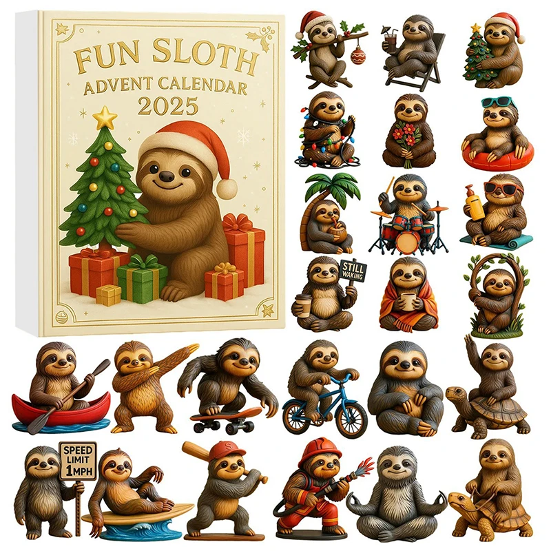 

Адвент-календарь Fun Sloth на 2025 год, 24-дневный рождественский обратный отсчет с 24 милыми коллекционными украшениями в виде ленивца