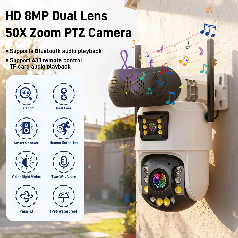 

Беспроводная PTZ IP-камера iCsee APP 8MP Onvif с большой сиреной, полноцветным изображением, AI-детектором человека, для домашней безопасности, видеонаблюдения и наблюдения за детьми
