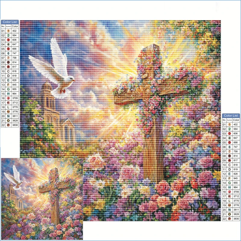 

Алмазная картина, большой крест, окруженный цветущими цветами, алмазная живопись, вышивка крестиком, украшение для дома, фотографии, настенное искусство