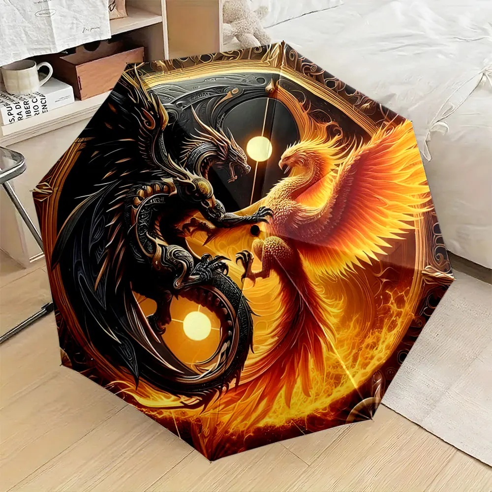 1PC Fiery Dragon and Phoenix Design Umbrella Print 8 Iron Ribs Folding Umbrella Auto-Open Fashion Sunshade