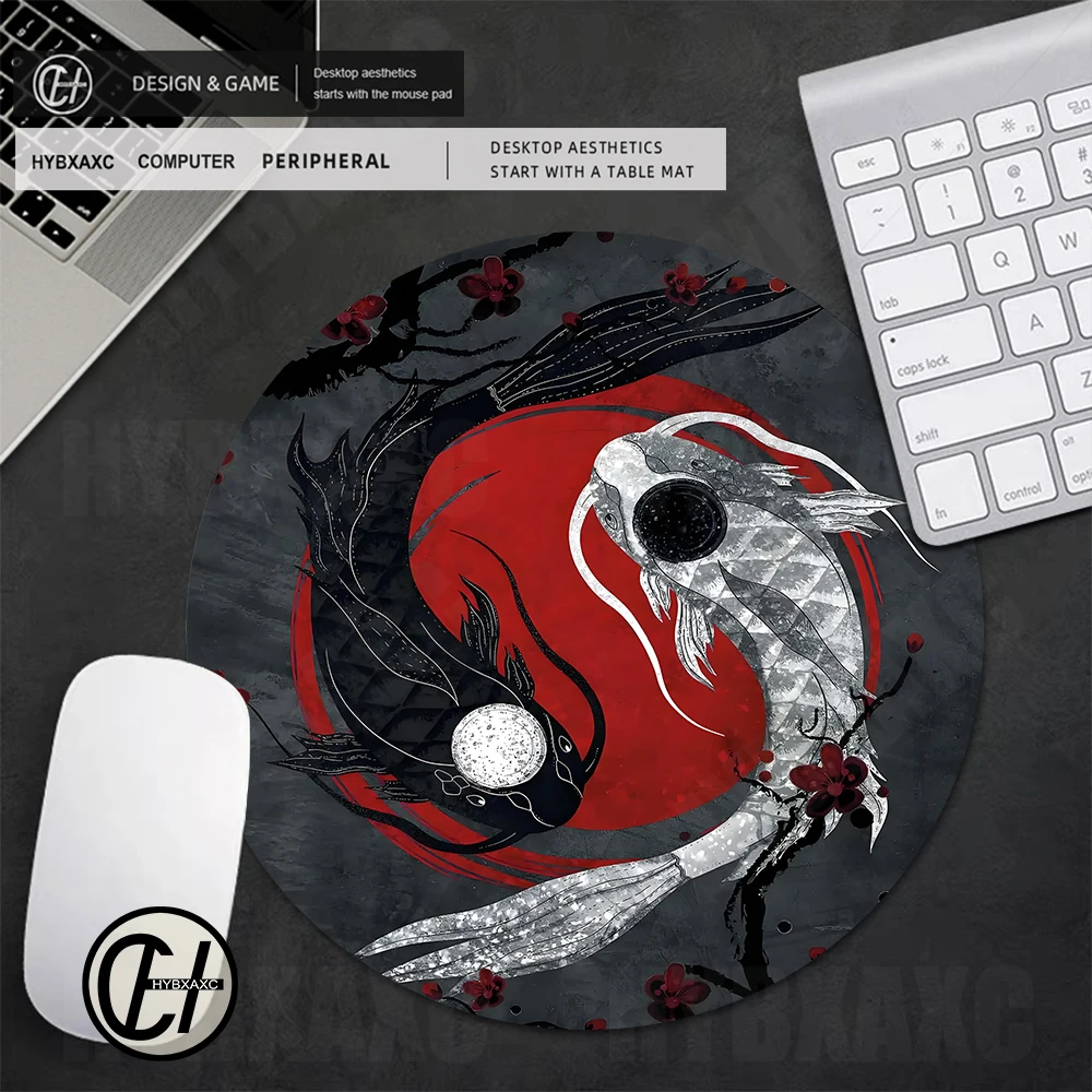 Koi fish Round Small Mouse Pad Floral and Celestial Bodies Clouds Non-Slip&Durable Stitched Edges Rubber Base Desk Mat for PC