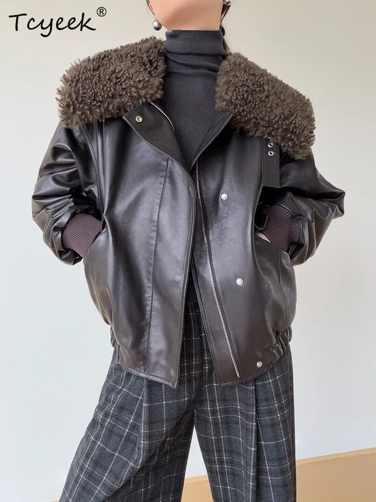 Tcyeek Oil Wax Sheepskin Real Leather Jacket Women Autumn Winter Clothes 90% White Goose Down Womens Coats Warm Wool Fur Collar