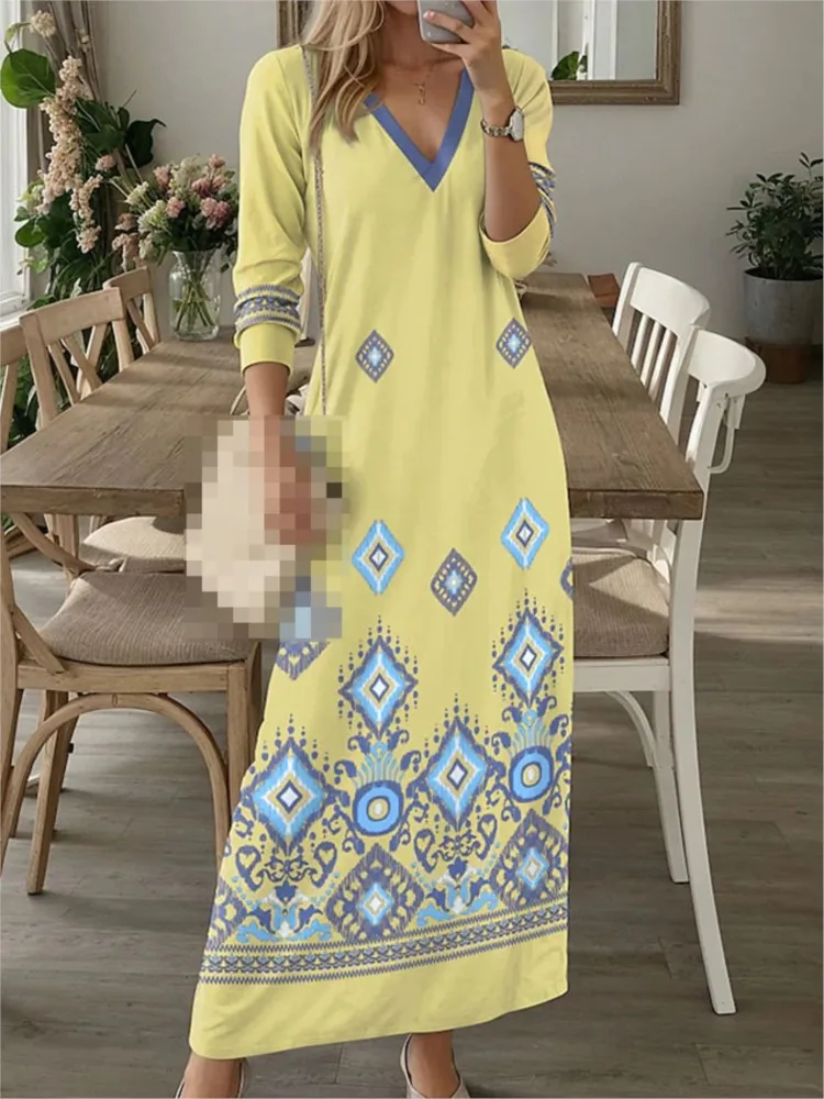 

Spring Autumn New Women's Fashion Digital Grid Printed Sexy V-neck Long Sleeve Casual A-line Ankle Loose Jumpsuit Long Dress