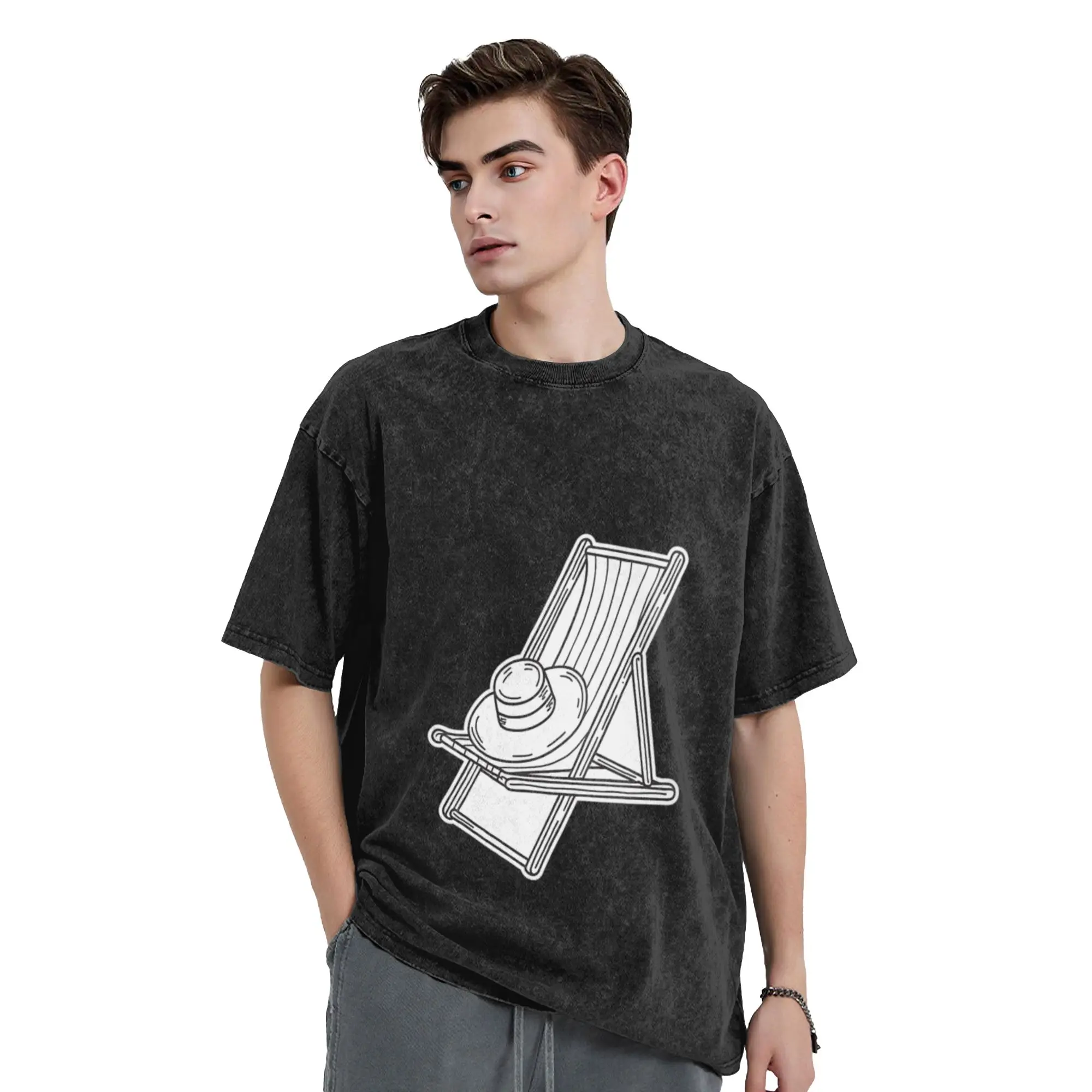 A deck chair near the pool with a sun hat resting on it Classic Comfort A Washed T Shirt Men's Oversized Cotton Tees Tops