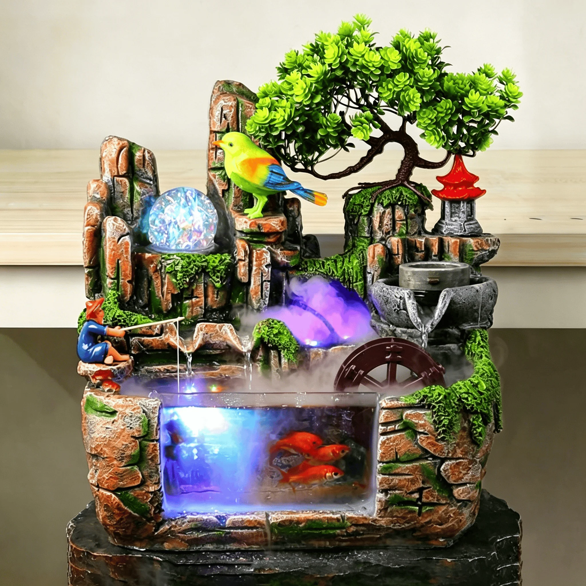 Simulated landscape ornaments fish tank fountain waterfall restaurant decorations Spray with LED light rockery fish tank