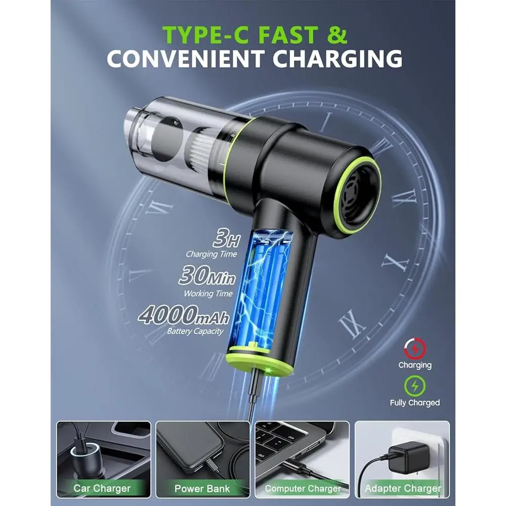 휴대용 자동차 진공 청소기 무선 12000PA 휴대용 미니 진공 HEPA 필터 LED 라이트 다기능 노즐 공기 먼지 떨이