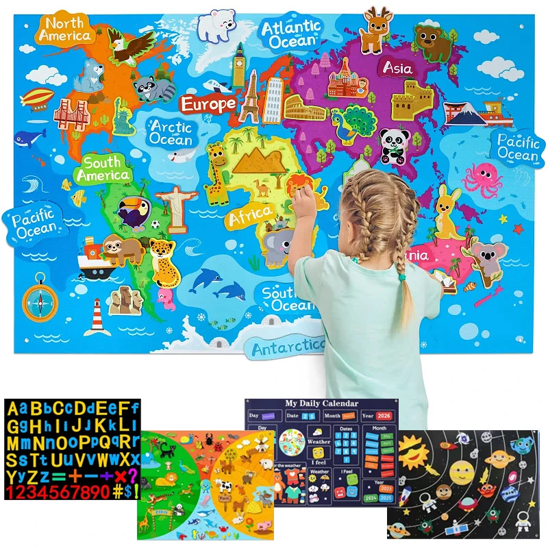 Jouets didactiques Montessori en feutre Big Story pour tout-petits, carte de la planète animale, activité éducative interactive, jouets d'apprentissage précoce