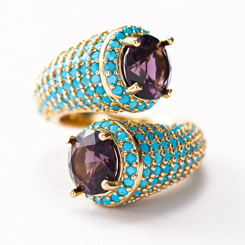 Huitan Bohemia Blaue Türkisringe für Frauen Luxuriöse Charmante Lila Kubische Zirkonia Goldfarbene Ringe Täglicher Party-Schmuck Geschenk – Detail 8