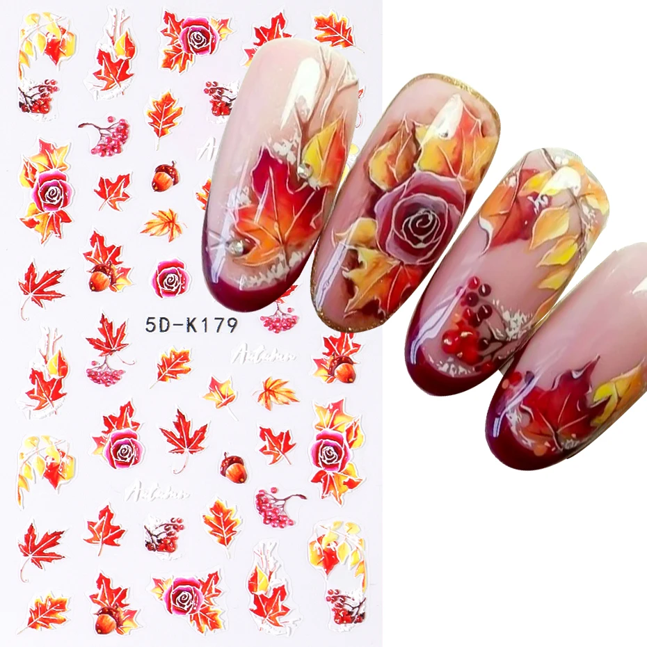 1 pz 5D autunno foglie Nail Art adesivi foglia d'acero farfalla fungo ombrello inciso cursore in rilievo decorazione Manicure autunnale