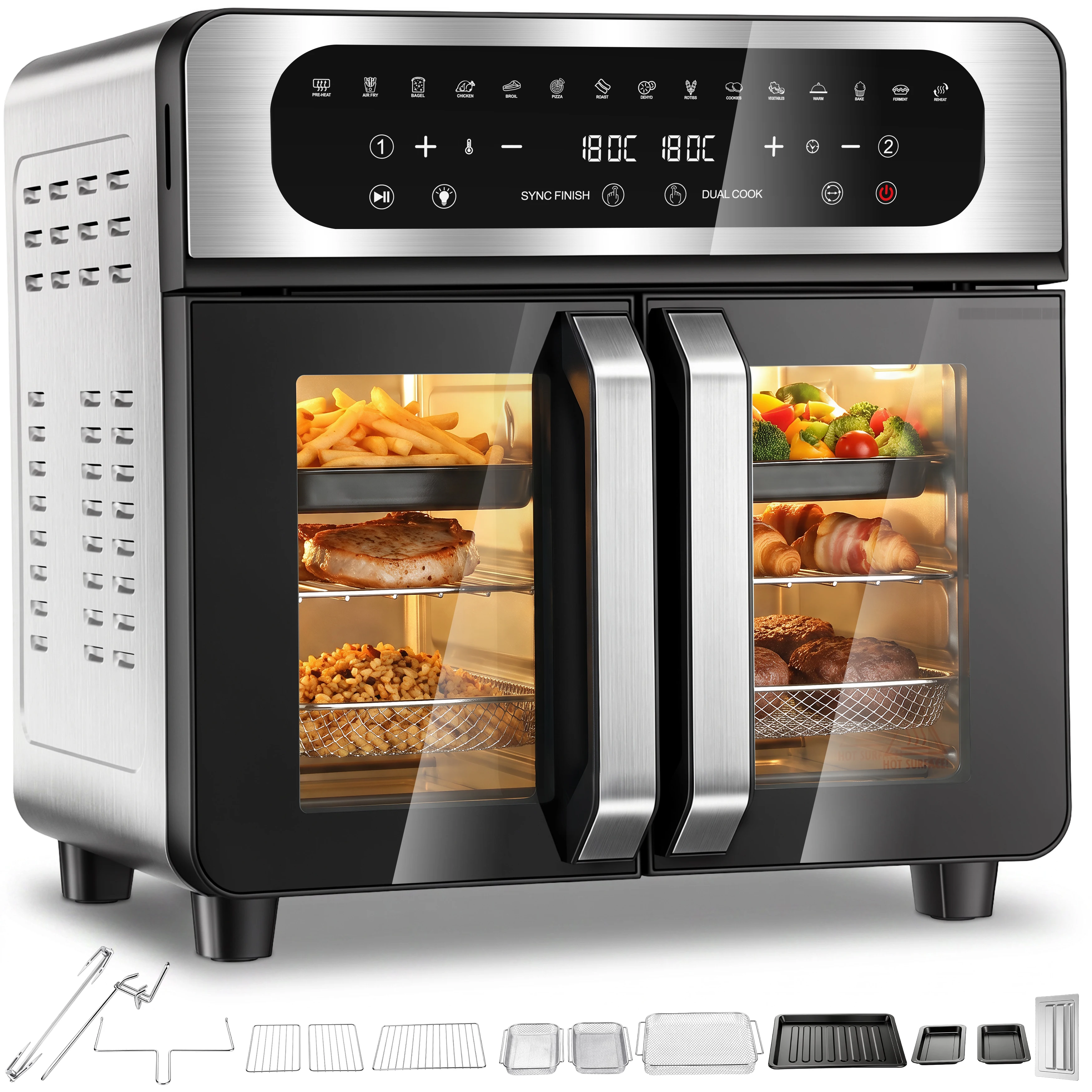 Mini-Konvektionsofen 23L Doppelzonen-Ofen 2500W 30-210 ℃   Heißluftofen mit Doppeltüren, Heißluftfritteuse mit 480-Minuten-Timer, Touch-Steuerung, 15 voreingestellten Arbeitsmodi, ölfrei