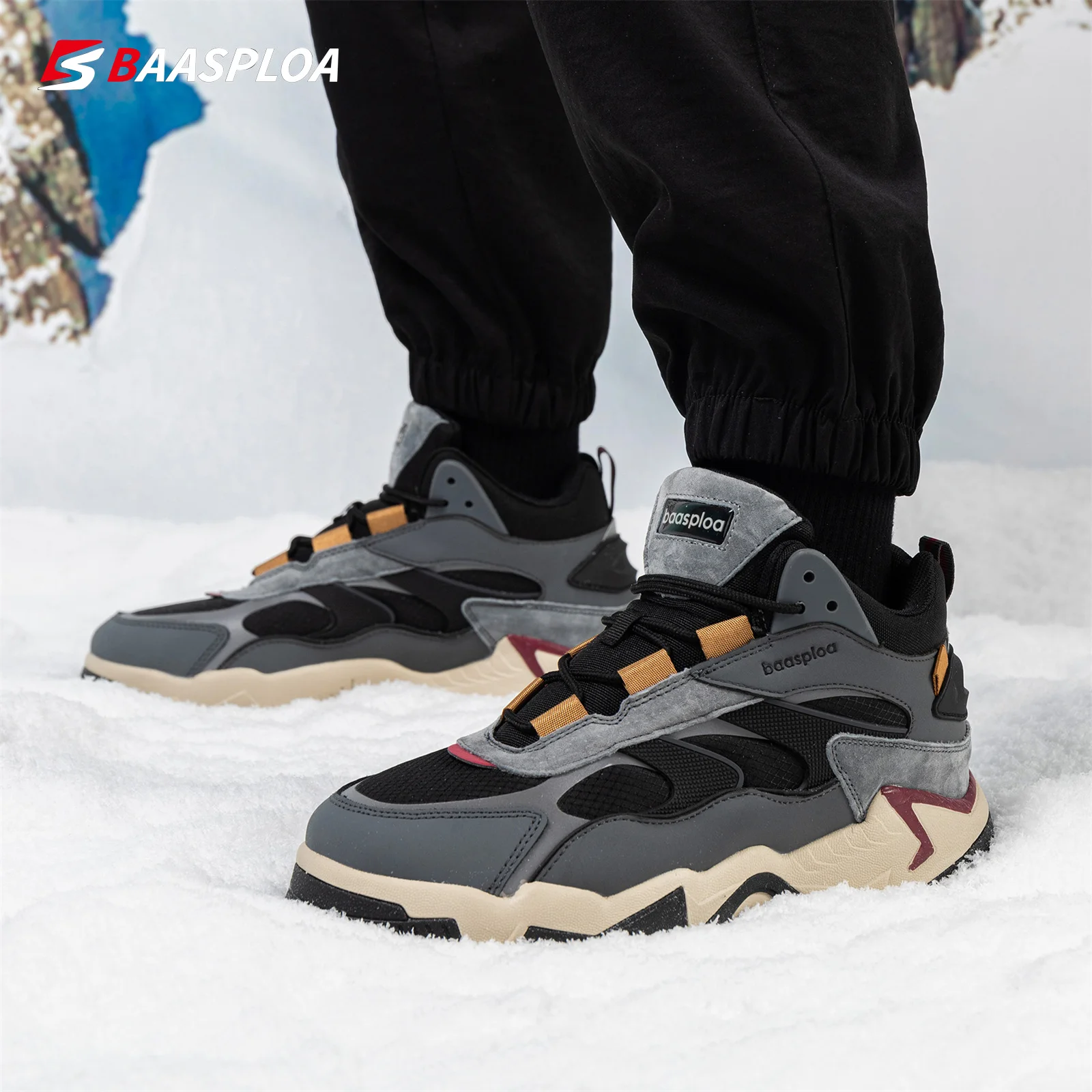 

Baasploa Men Cotton Shoes New Winter Fashion Leather Plush Warm Snow Boots Female Outdoor Non-Slip Lace up Walking Shoes