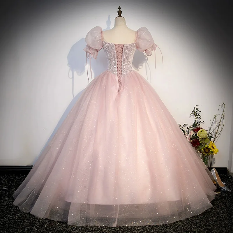 Tulle Evening Dress 2024 New Sequin Fluffy Sleeve Princess Dresses Floor-Length A-line High Waist Formal Banquet Gownselegant