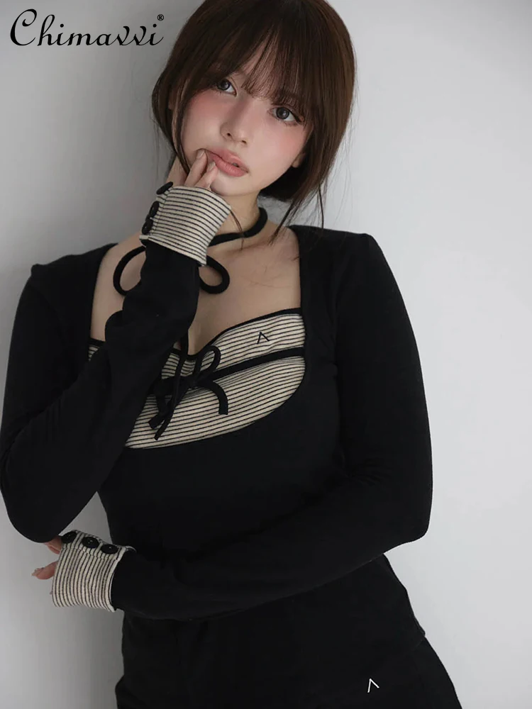 النمط الياباني الصدر المرقعة القوس الديكور تمتد سليم كم طويل محبوك تي شيرت تنورة مجموعة أنيقة المرأة قطعتين مجموعة #1