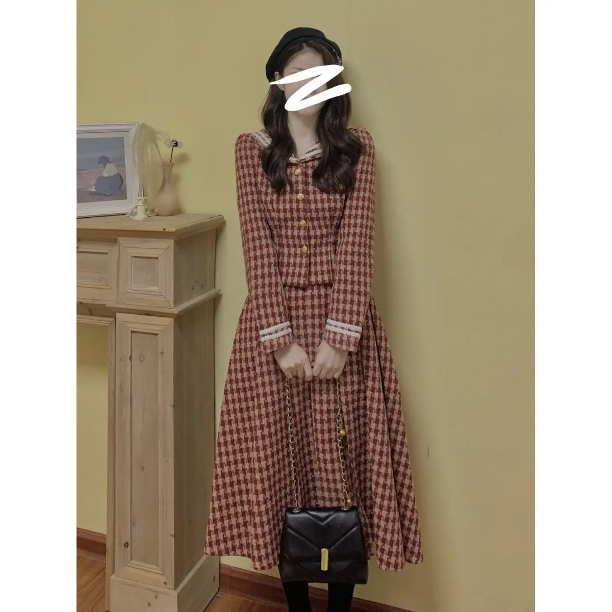 Two Piece Set 2Pcs Women`s Suit Cute Lattice Thin Wool Twill Tweed Plaid Slim Outfit Long Sleeve Top Midi Long Skirt Korean y2k