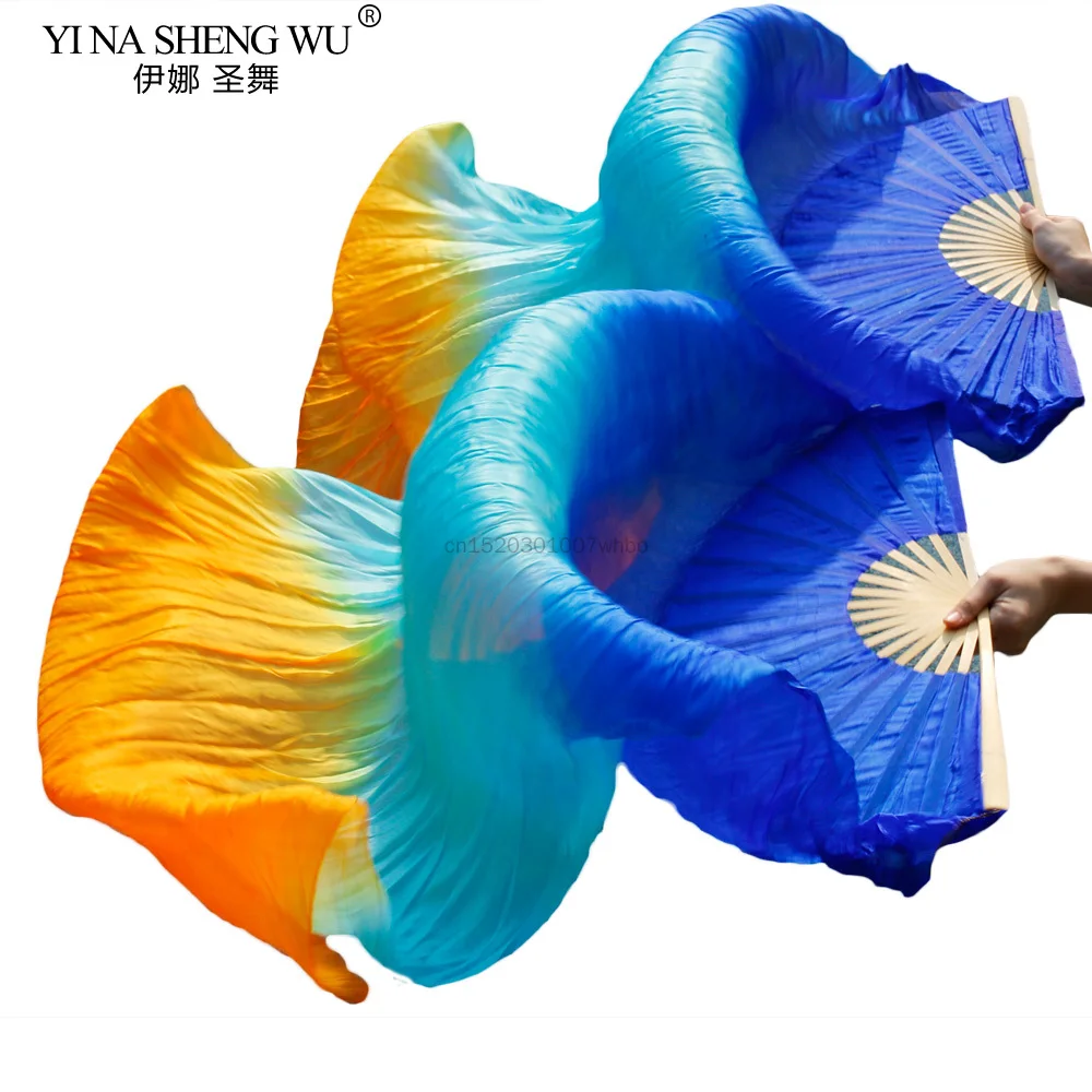 Najnowsze wachlarze do tańca brzucha, 100% jedwab, ręcznie robione wachlarze taneczne, 1 wachlarz na lewą rękę + 1 wachlarz na prawą rękę, królewski niebieski + turkusowy + pomarańczowy jedwabny wachlarz