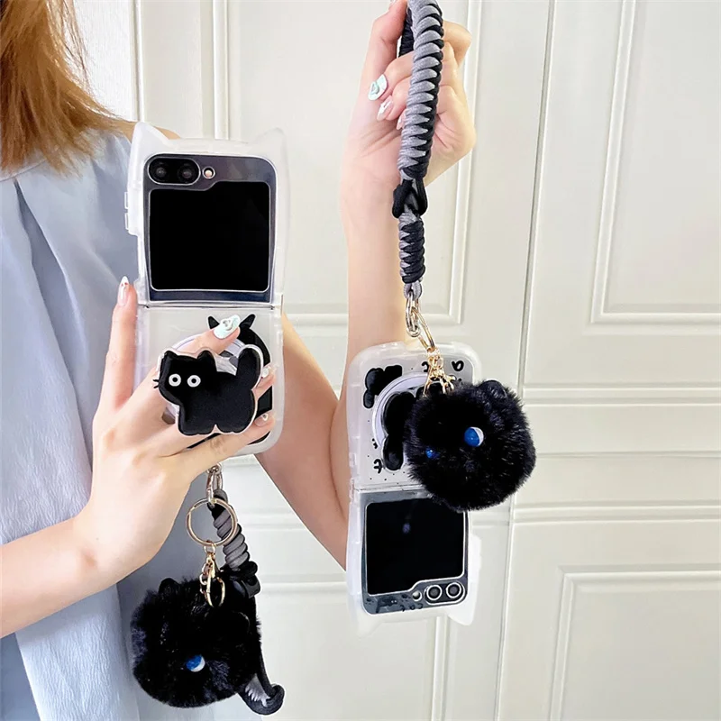 

Kawaii Cat Magnetic Phone Case For Samsung Galaxy Z Flip 6 5 4 3 Cover with Magsafe Holder Strap Cute Cases For Z Flip5 Flip6 5G