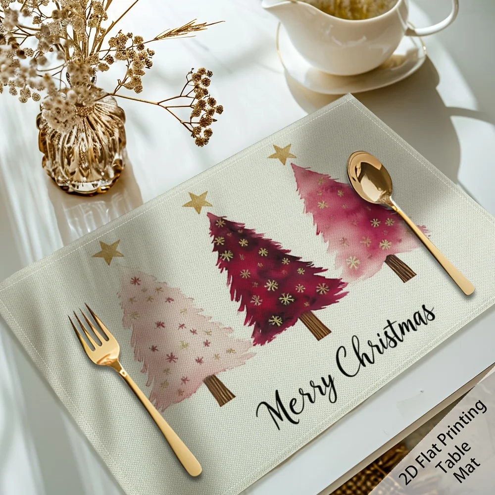 (2D Flat Print) Merry Christmas Table Mats Featuring Christmas Trees, Ideal For Dining Room Use And Holiday Gatherings, Perfect