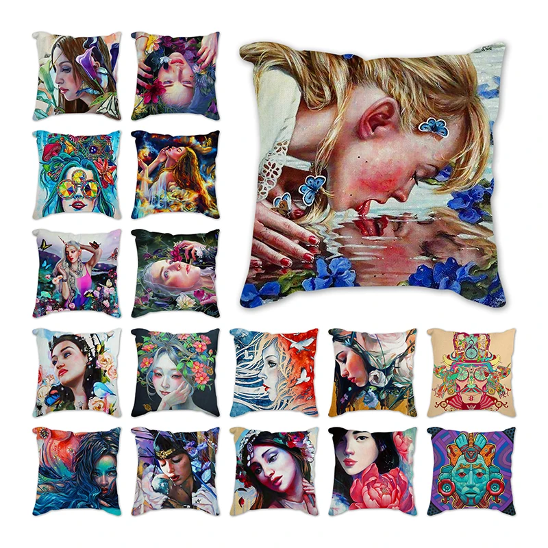 

Watercolor Princess Cushion Cover Long Hair Girl Flowers Home Chair Sofa Throw Pillow Case 45x45cm cojines decorativos para sofá