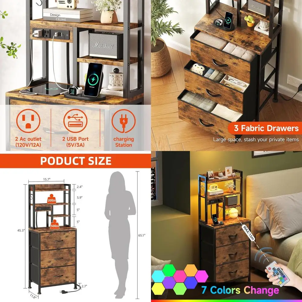 

Прикроватная тумба в деревенском стиле, коричневая, высокая, с зарядной станцией, LED-подсветкой, 4-уровневыми полками и 3 тканевыми ящиками, 45.3 дюйма, для спальни