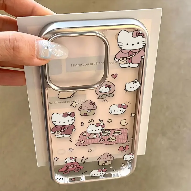 Cute Picnic Hello Kitty Electroplated Clear Case for iPhone 16 11 12 13 14 15 Pro Max XR 8 Plus Ultra Thin Soft Silicone Cover