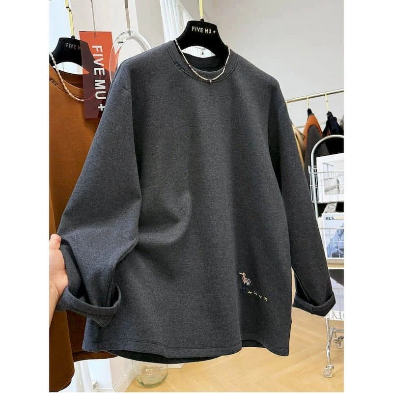 Brushed T-shirts O-neck Cartoon Print Oversized Vintage Tops Casual Korean Style Long Sleeve 2026 Autumn Winter Women Clothing