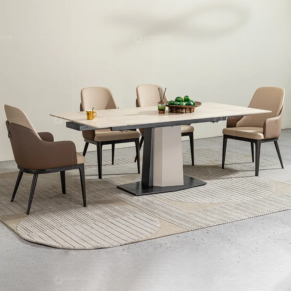 

Italian functional telescopic dining table modern light luxury 10-person rectangular rock slab